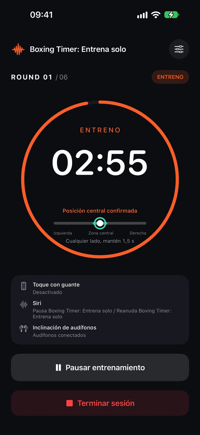 Pantalla real de Temporizador de Boxeo con cuenta regresiva grande y controles de pausa