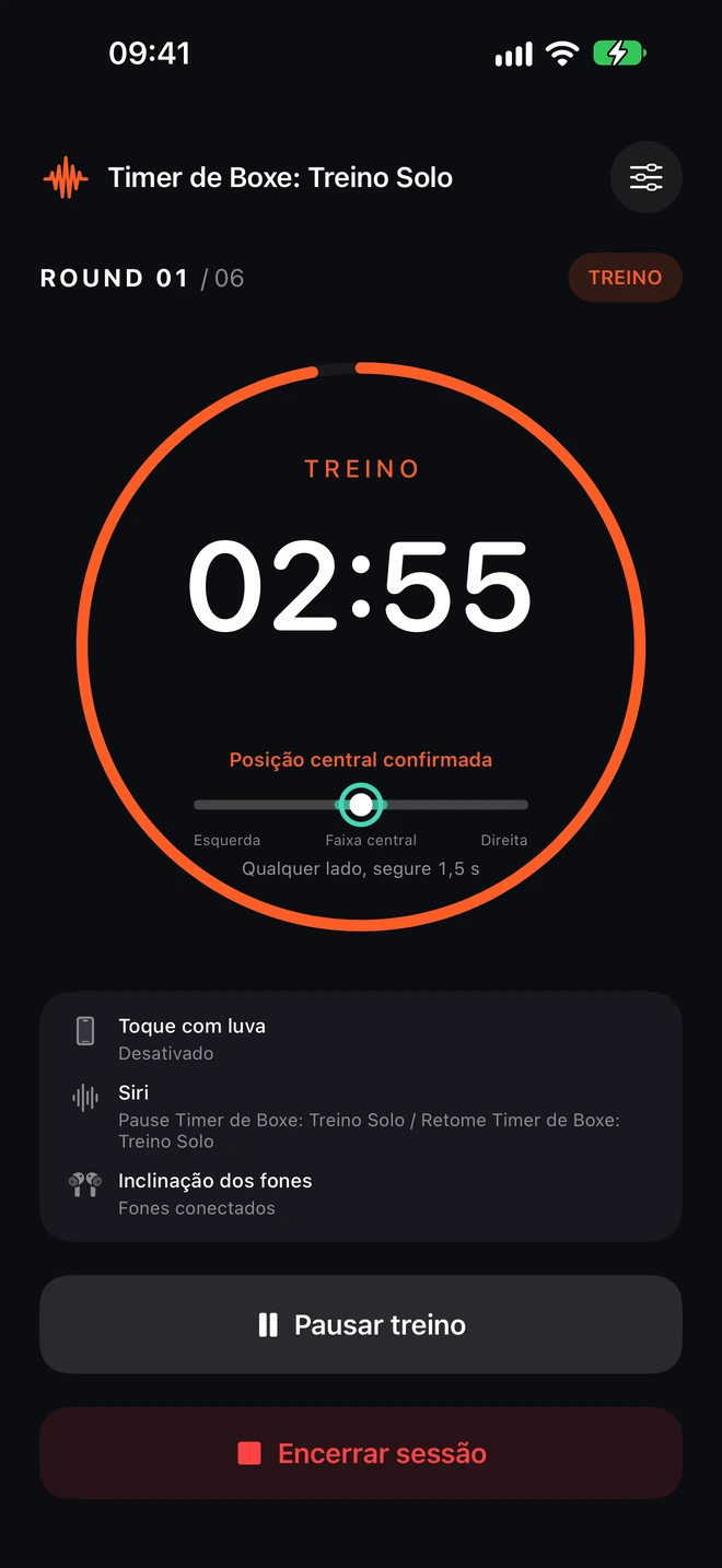 Tela real do Timer de Boxe com contagem regressiva grande e controles de pausa